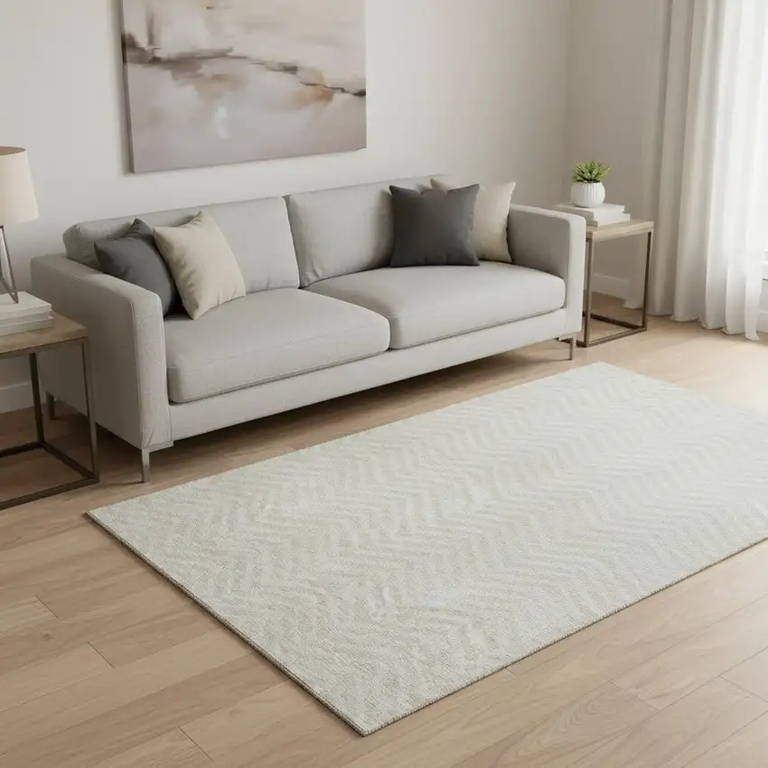 Beige And Ivory Chevron Washable Area Rug With UV Protection Photo 2