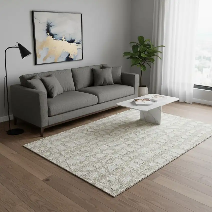 Beige And Ivory Cobblestone Washable Area Rug With UV Protection Photo 2