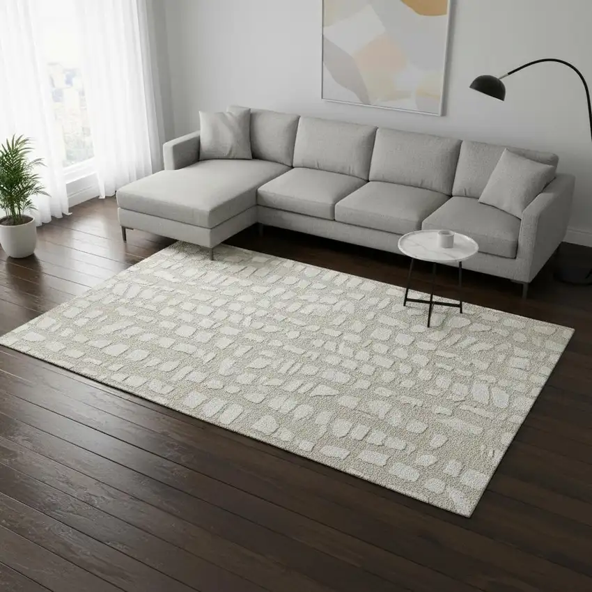 Beige And Ivory Cobblestone Washable Area Rug With UV Protection Photo 2