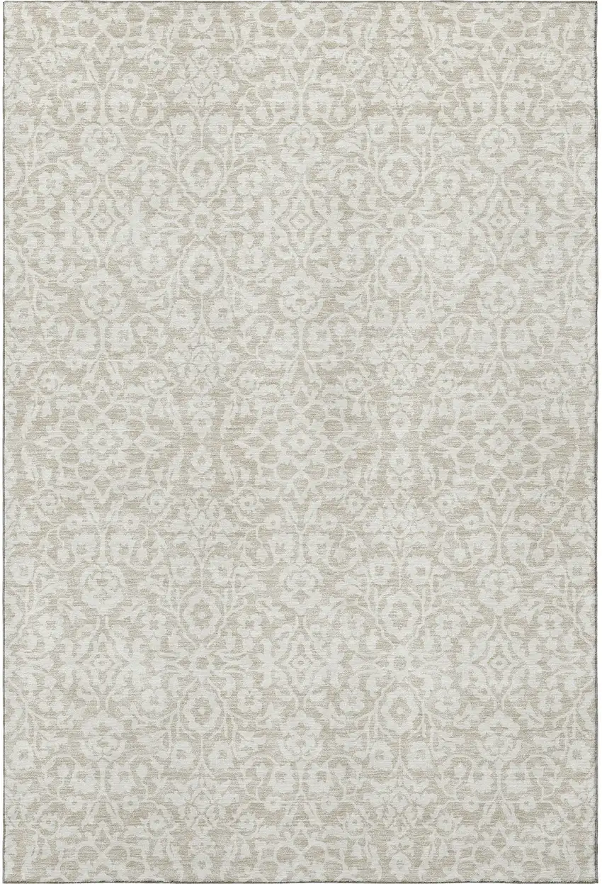 Beige And Ivory Damask Washable Area Rug With UV Protection Photo 4