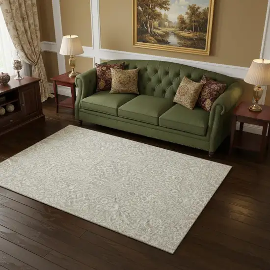 Beige And Ivory Damask Washable Area Rug With UV Protection Photo 2