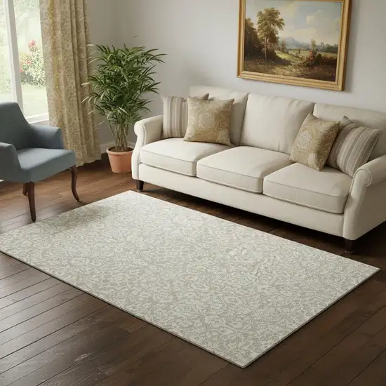 Beige And Ivory Damask Washable Area Rug With UV Protection Photo 1