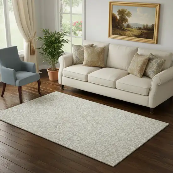 Beige And Ivory Damask Washable Area Rug With UV Protection Photo 1