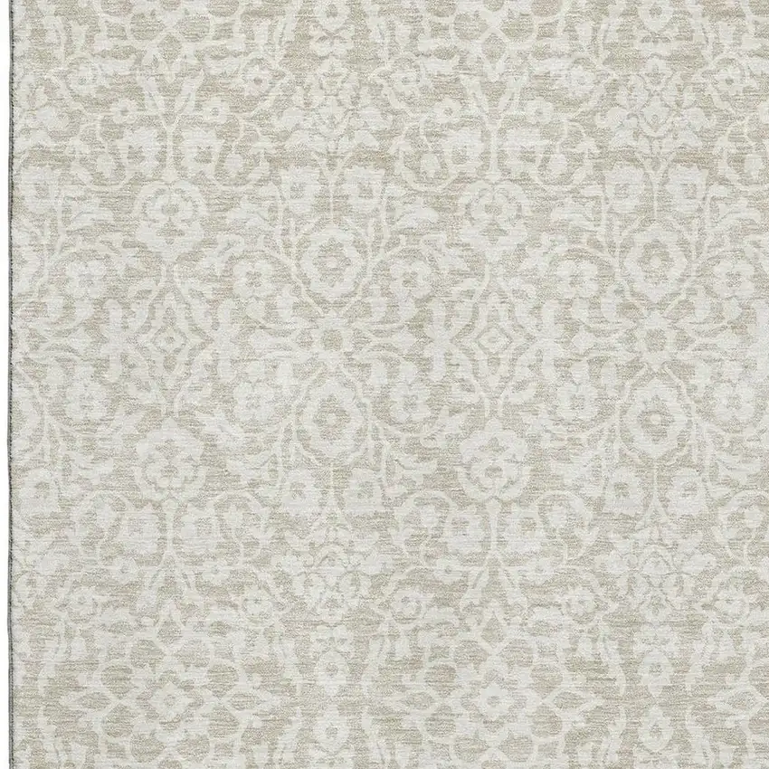Beige And Ivory Damask Washable Area Rug With UV Protection Photo 3