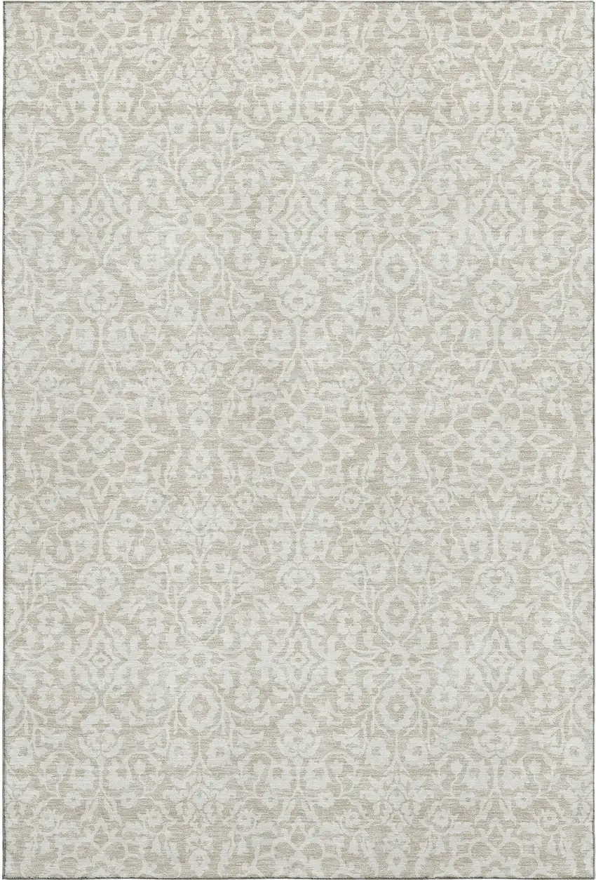 Beige And Ivory Damask Washable Area Rug With UV Protection Photo 1