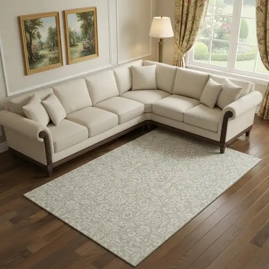 Beige And Ivory Damask Washable Area Rug With UV Protection Photo 1