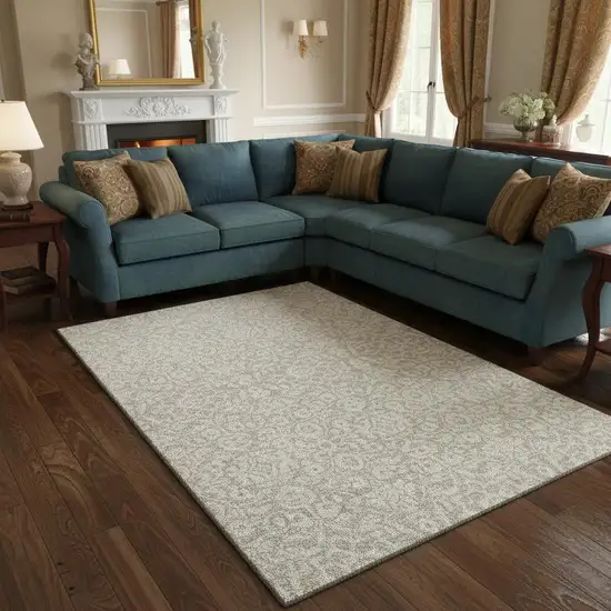 Beige And Ivory Damask Washable Area Rug With UV Protection Photo 2