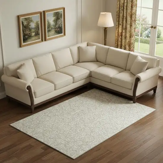 Beige And Ivory Damask Washable Area Rug With UV Protection Photo 1