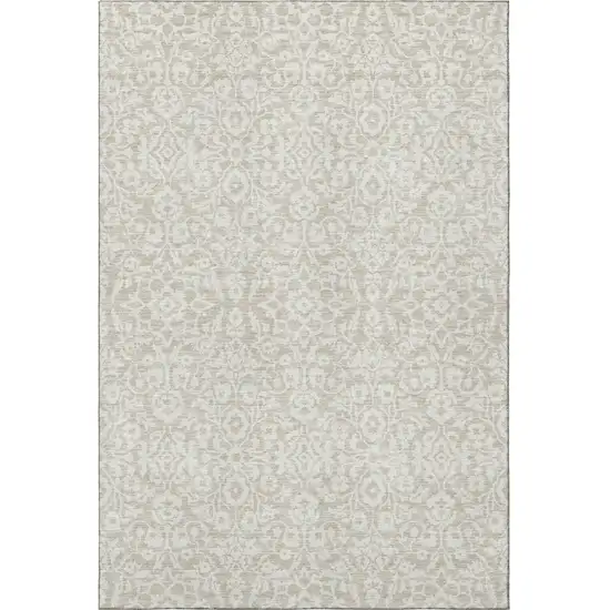Beige And Ivory Damask Washable Area Rug With UV Protection Photo 4