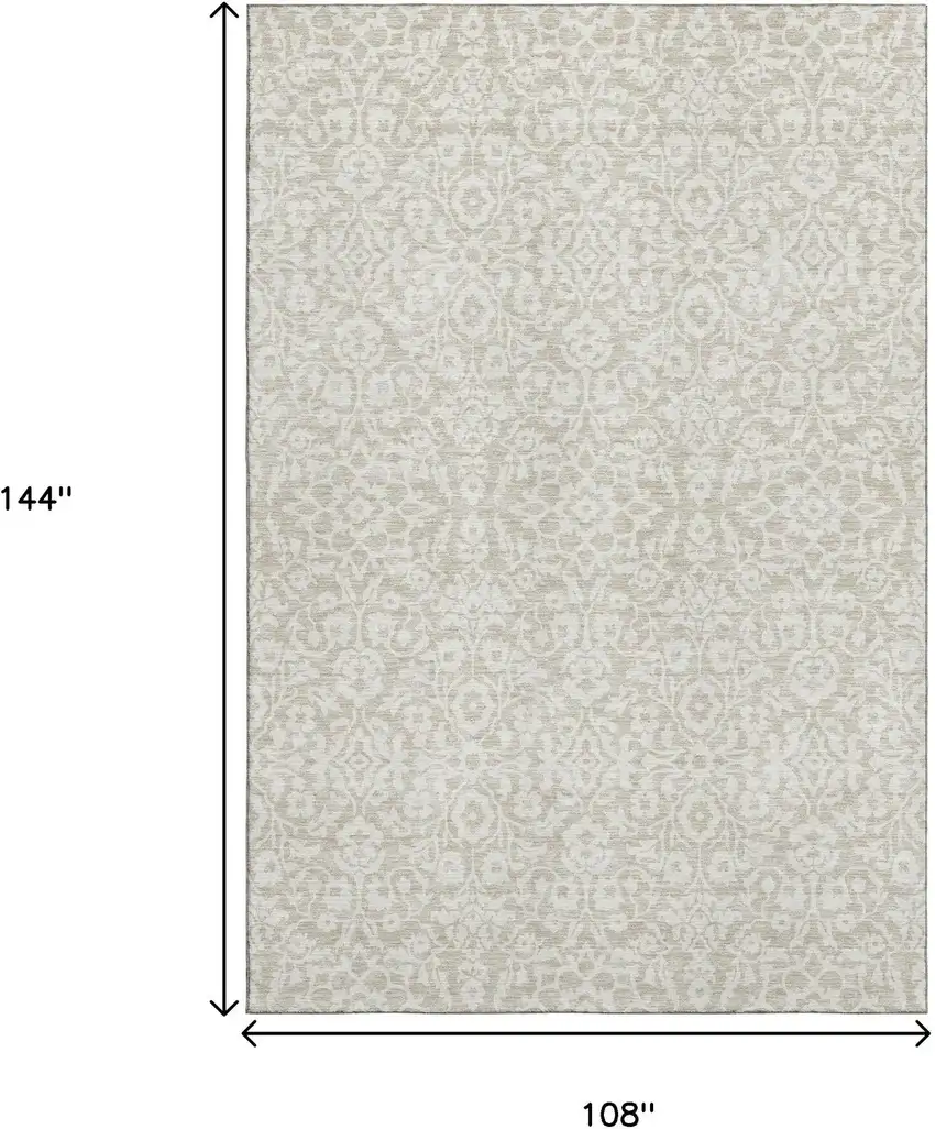 Beige And Ivory Damask Washable Area Rug With UV Protection Photo 3