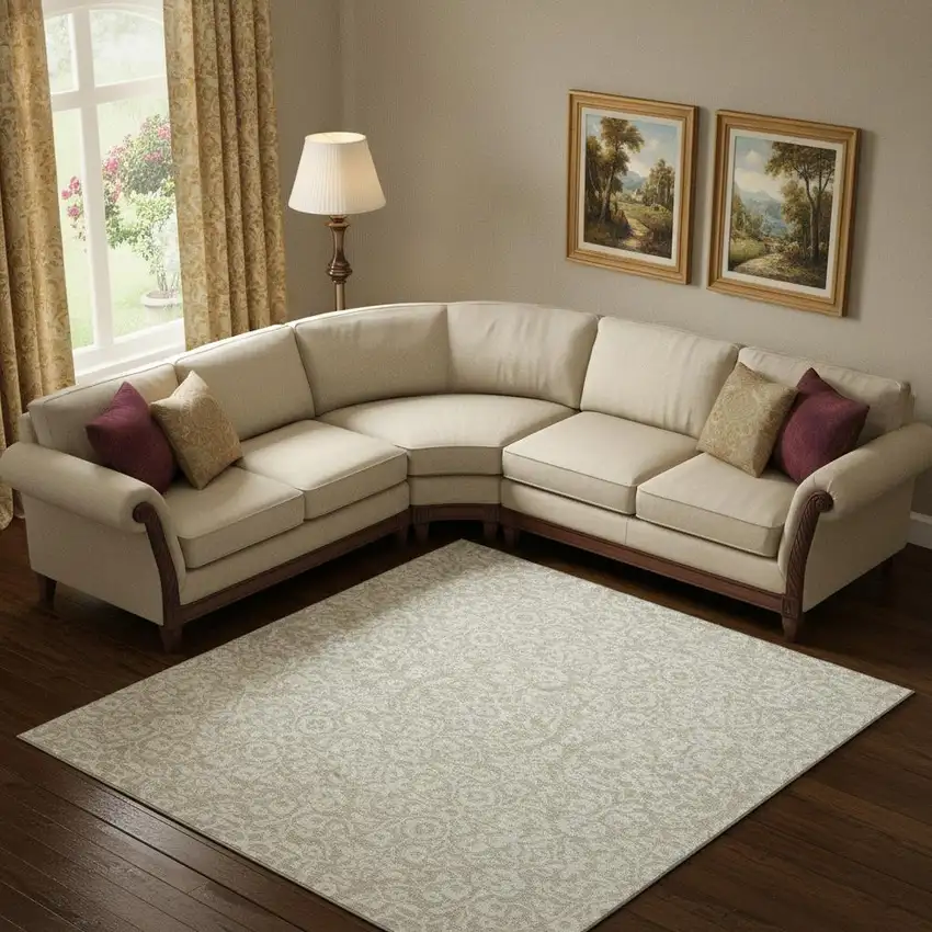 Beige And Ivory Damask Washable Area Rug With UV Protection Photo 1