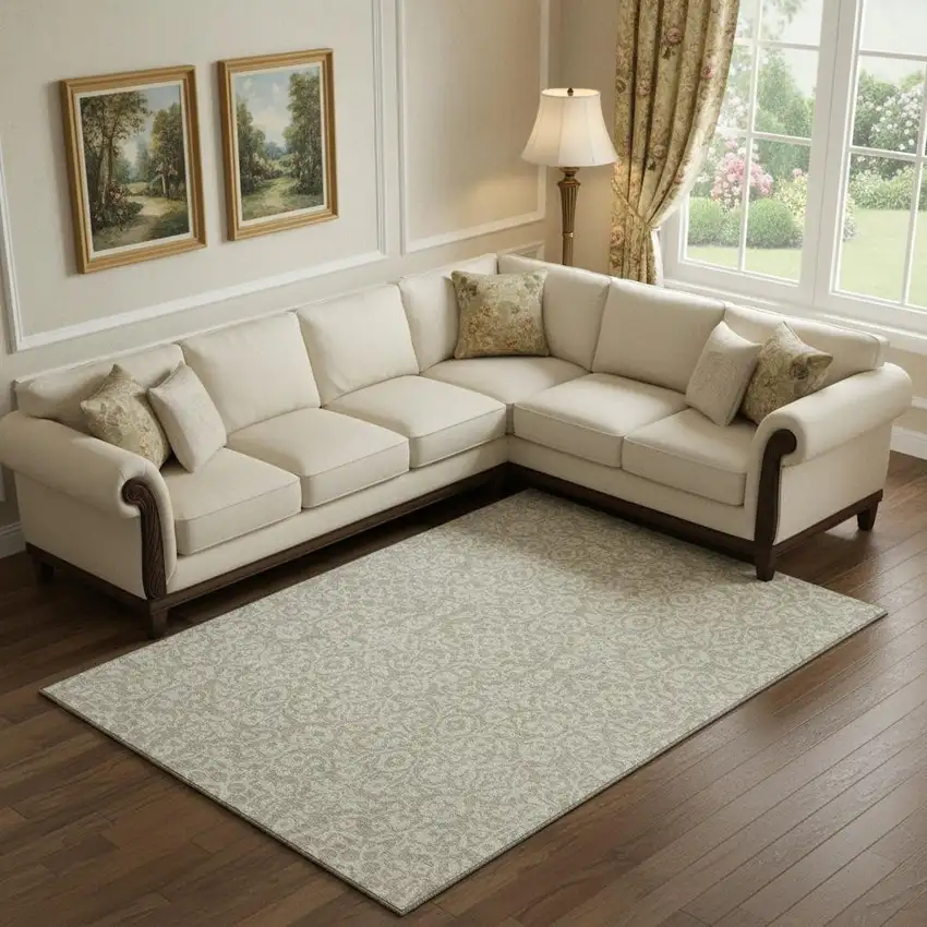 Beige And Ivory Damask Washable Area Rug With UV Protection Photo 1