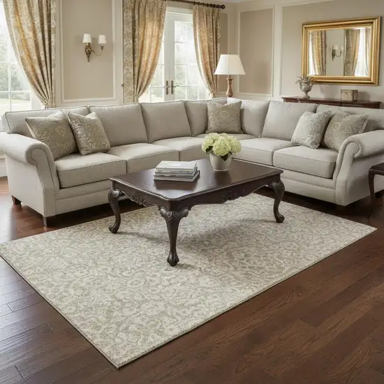 Beige And Ivory Damask Washable Area Rug With UV Protection Photo 2