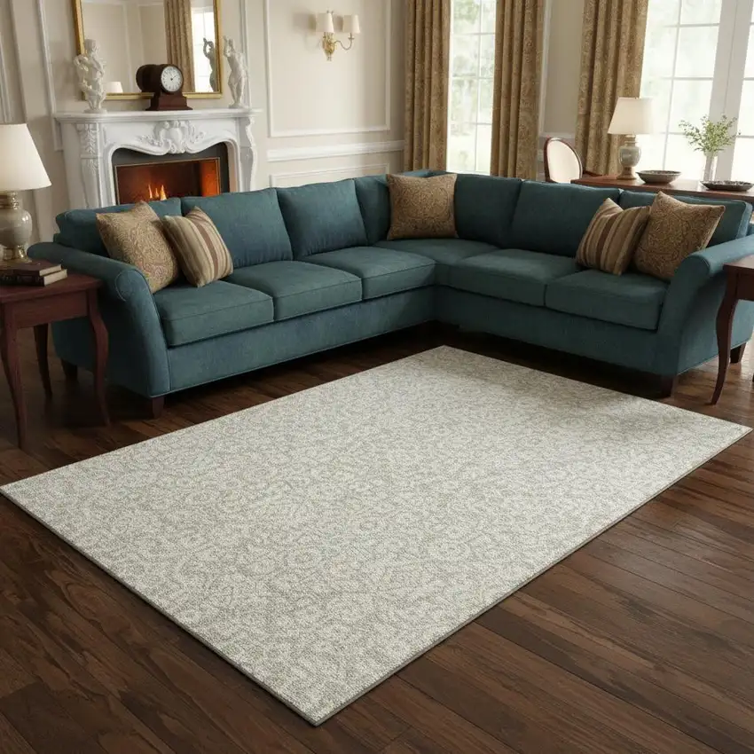 Beige And Ivory Damask Washable Area Rug With UV Protection Photo 2