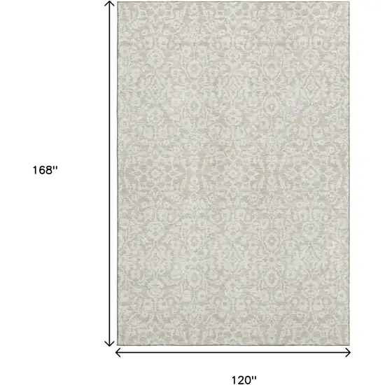Beige And Ivory Damask Washable Area Rug With UV Protection Photo 3