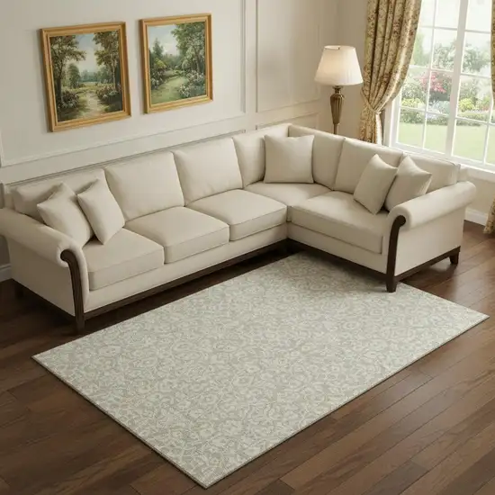 Beige And Ivory Damask Washable Area Rug With UV Protection Photo 1