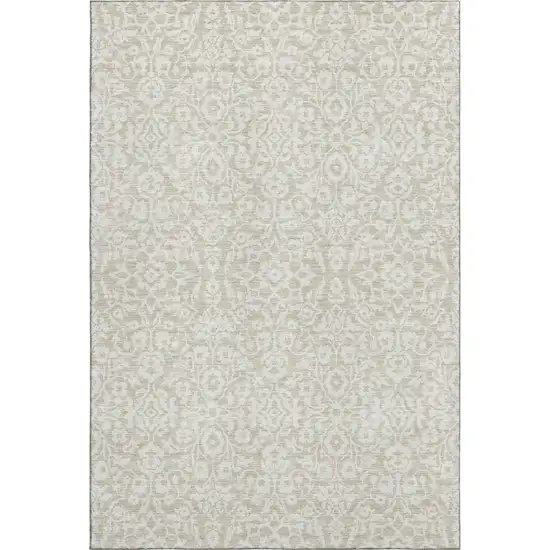 Beige And Ivory Damask Washable Area Rug With UV Protection Photo 1