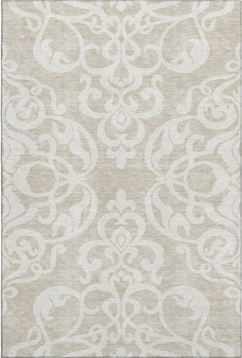 Beige And Ivory Damask Washable Area Rug With UV Protection Photo 1