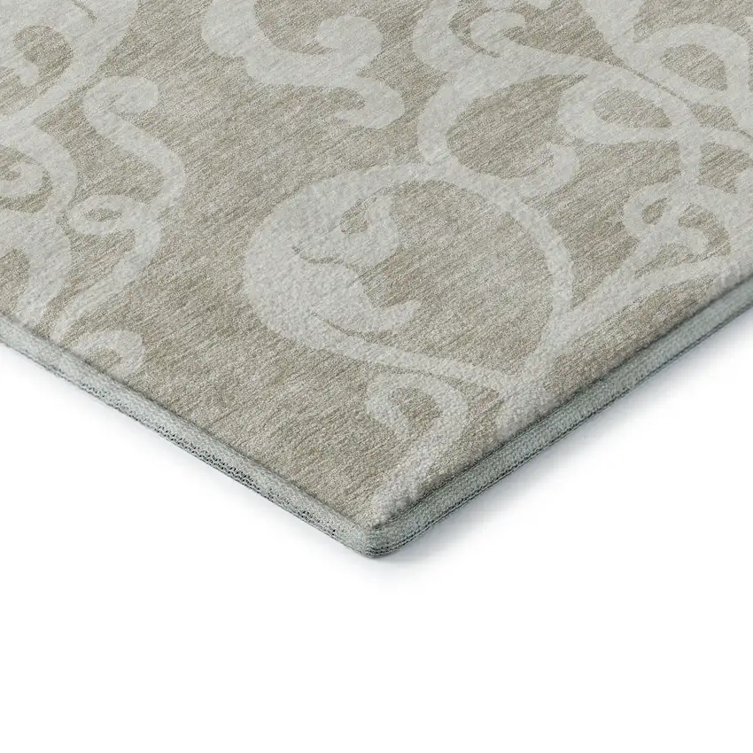 Beige And Ivory Damask Washable Area Rug With UV Protection Photo 6