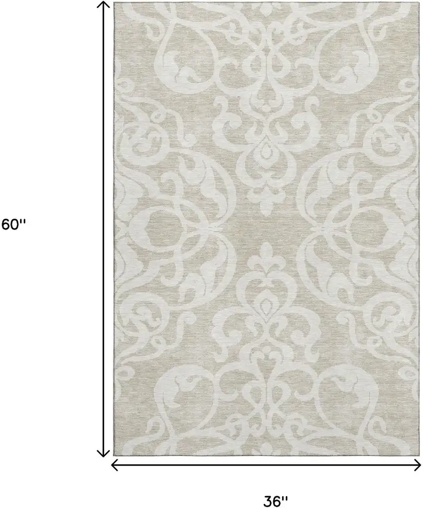 Beige And Ivory Damask Washable Area Rug With UV Protection Photo 9