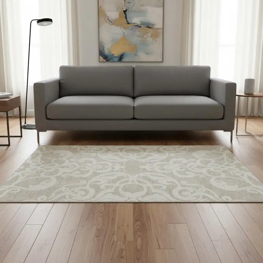 Beige And Ivory Damask Washable Area Rug With UV Protection Photo 2