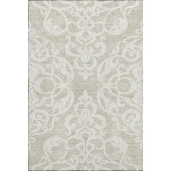 Beige And Ivory Damask Washable Area Rug With UV Protection Photo 1