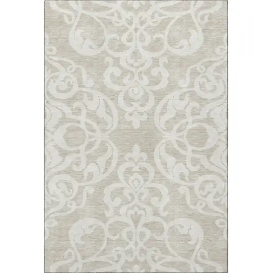 Beige And Ivory Damask Washable Area Rug With UV Protection Photo 3