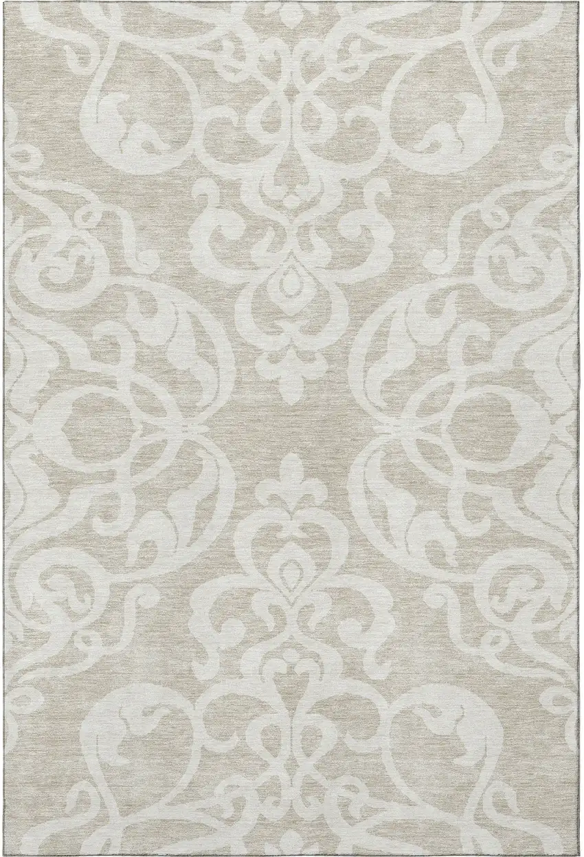 Beige And Ivory Damask Washable Area Rug With UV Protection Photo 3