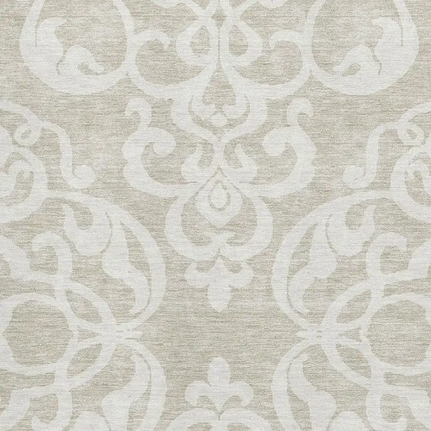 Beige And Ivory Damask Washable Area Rug With UV Protection Photo 2