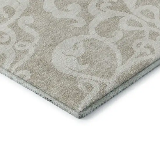 Beige And Ivory Damask Washable Area Rug With UV Protection Photo 7