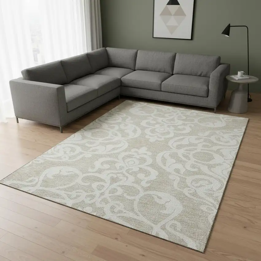 Beige And Ivory Damask Washable Area Rug With UV Protection Photo 2