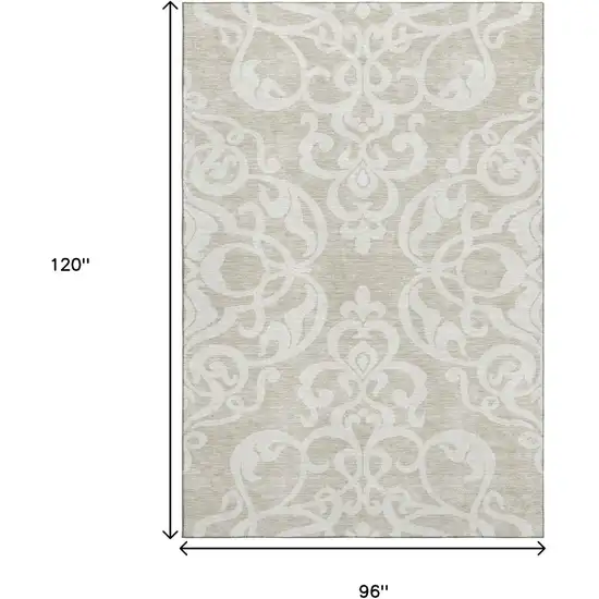 Beige And Ivory Damask Washable Area Rug With UV Protection Photo 7