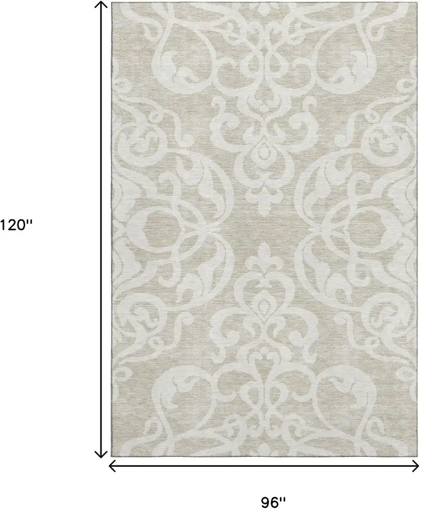 Beige And Ivory Damask Washable Area Rug With UV Protection Photo 7