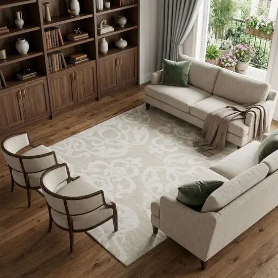 Beige And Ivory Damask Washable Area Rug With UV Protection Photo 1