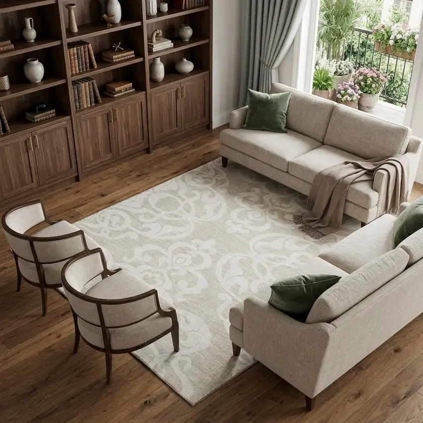 Beige And Ivory Damask Washable Area Rug With UV Protection Photo 1
