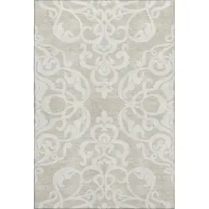 Photo of Beige And Ivory Damask Washable Area Rug With UV Protection
