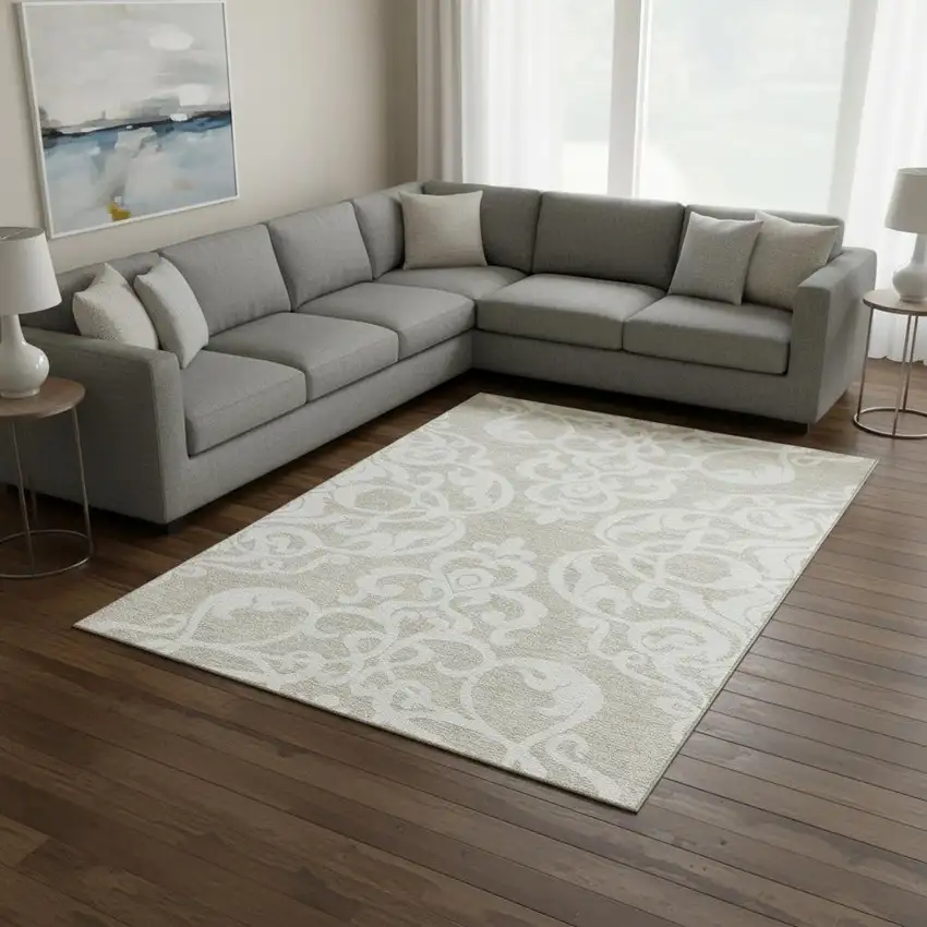 Beige And Ivory Damask Washable Area Rug With UV Protection Photo 2