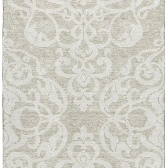 Beige And Ivory Damask Washable Area Rug With UV Protection Photo 2
