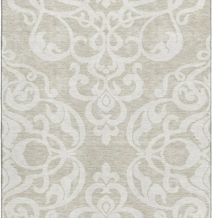 Beige And Ivory Damask Washable Area Rug With UV Protection Photo 2