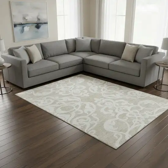 Beige And Ivory Damask Washable Area Rug With UV Protection Photo 2