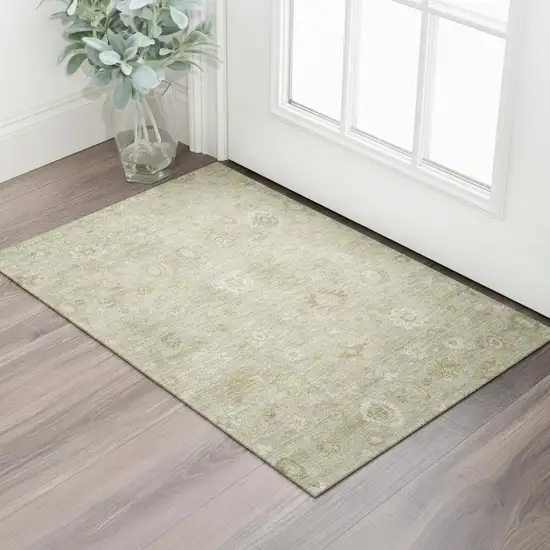Beige And Ivory Damask Washable Area Rug With UV Protection Photo 2