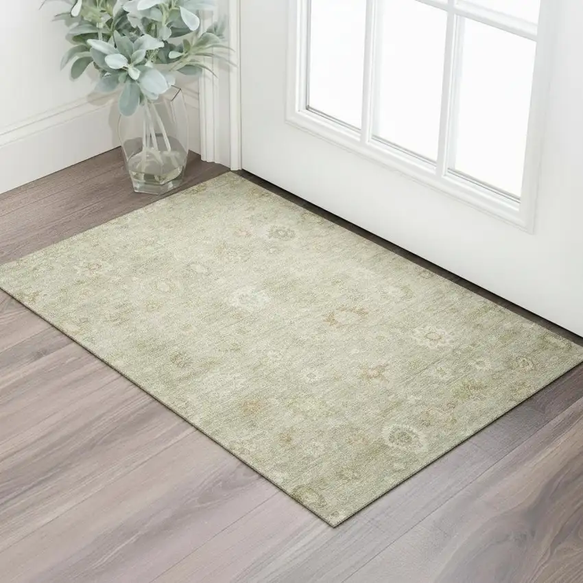 Beige And Ivory Damask Washable Area Rug With UV Protection Photo 2