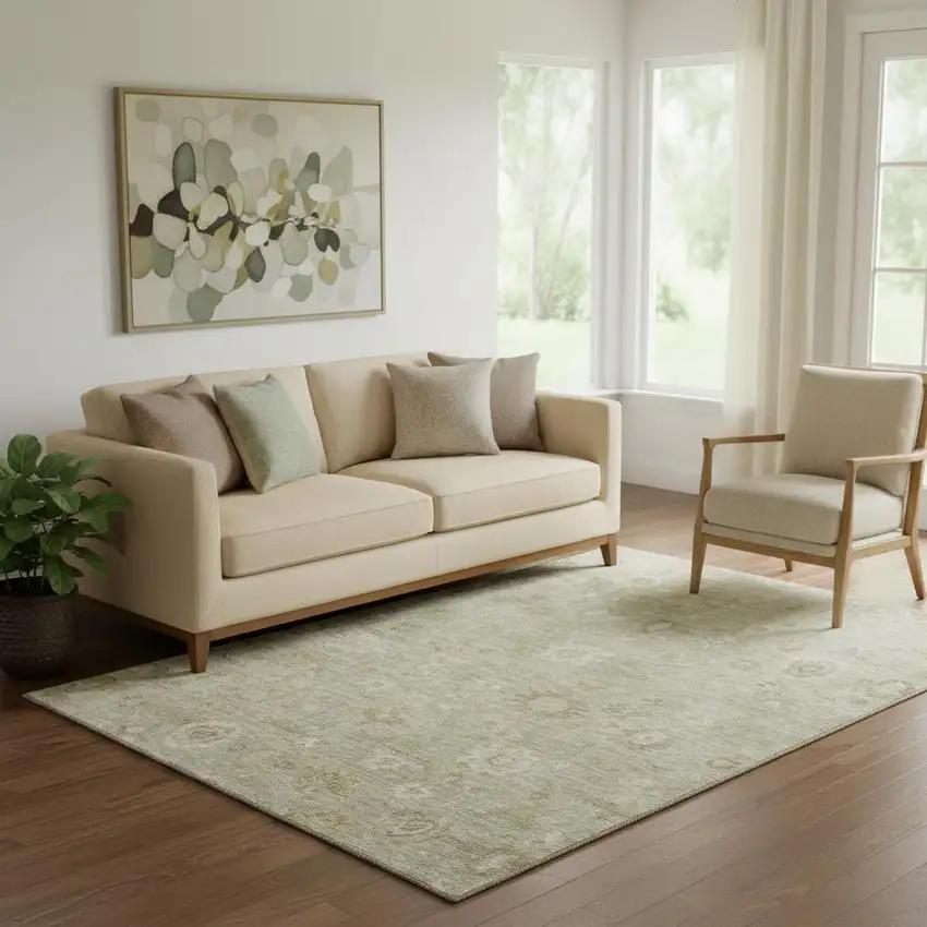 Beige And Ivory Damask Washable Area Rug With UV Protection Photo 2