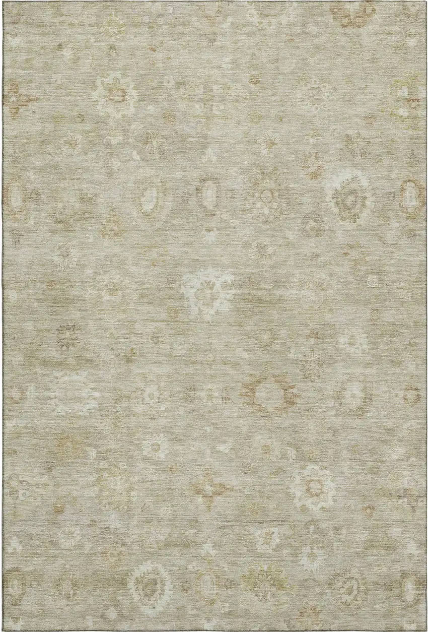 Beige And Ivory Damask Washable Area Rug With UV Protection Photo 1