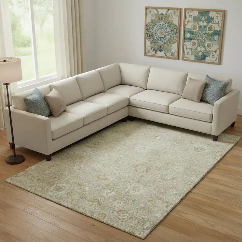 Beige And Ivory Damask Washable Area Rug With UV Protection Photo 2