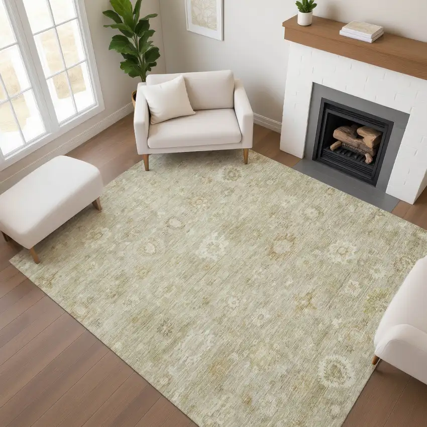 Beige And Ivory Damask Washable Area Rug With UV Protection Photo 4