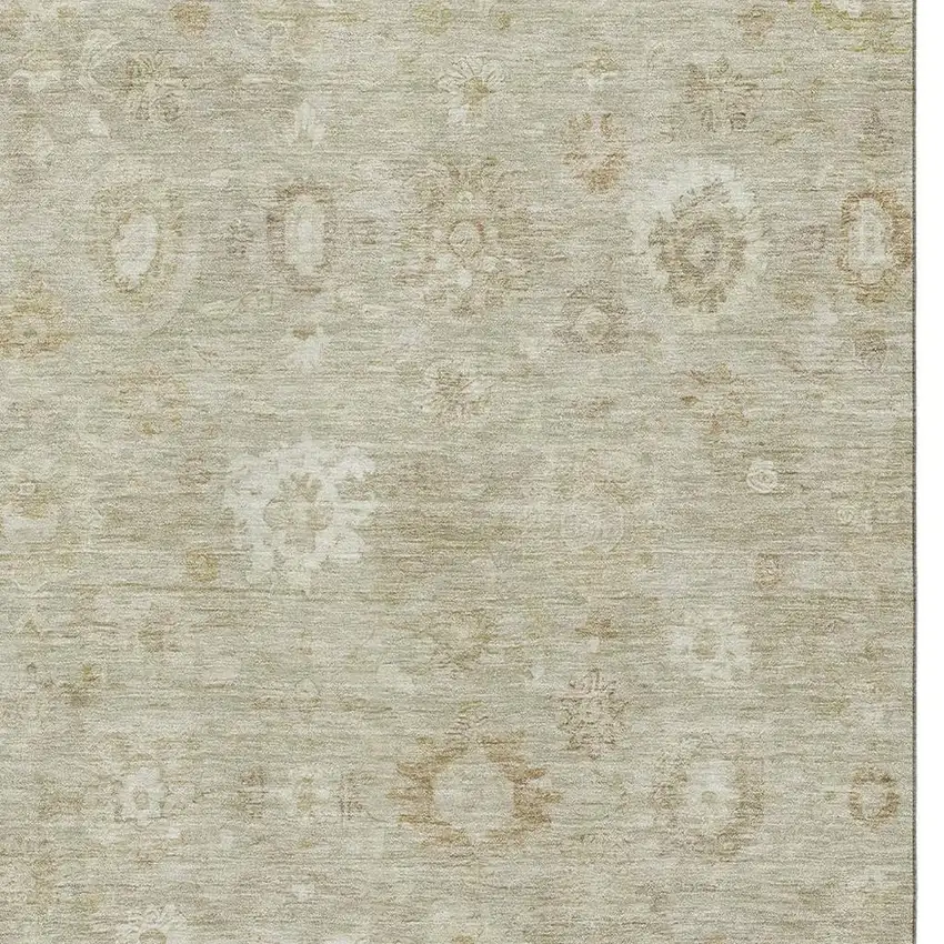 Beige And Ivory Damask Washable Area Rug With UV Protection Photo 2