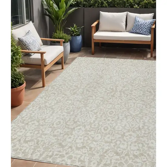 Beige And Ivory Damask Washable Indoor Outdoor Area Rug Photo 1