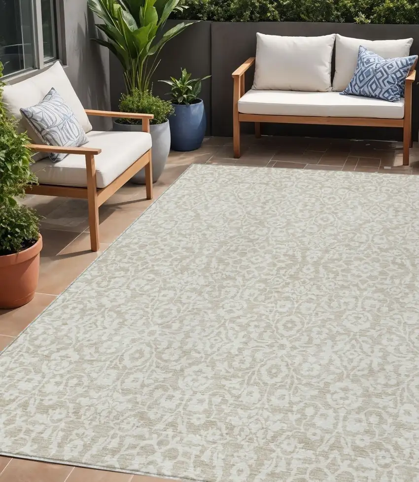 Beige And Ivory Damask Washable Indoor Outdoor Area Rug Photo 1