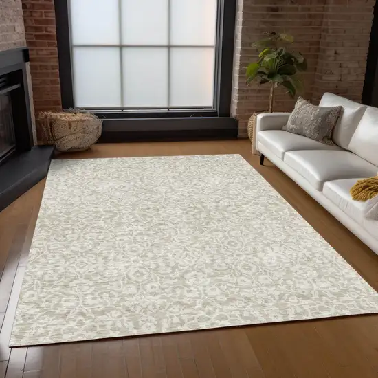 Beige And Ivory Damask Washable Indoor Outdoor Area Rug Photo 8